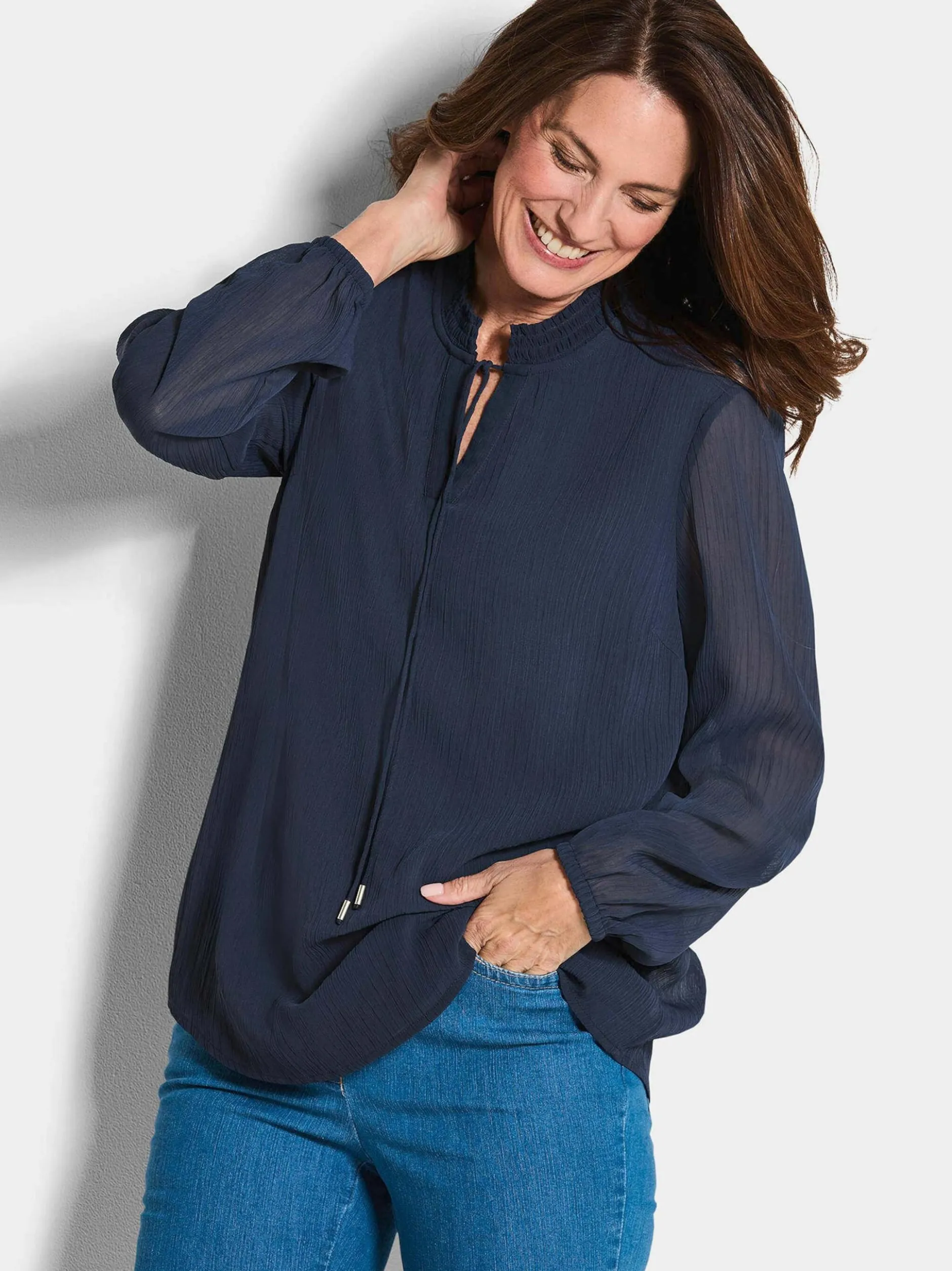 Goldner Damen Chiffon Blusen in marine - Ärmel: langarm