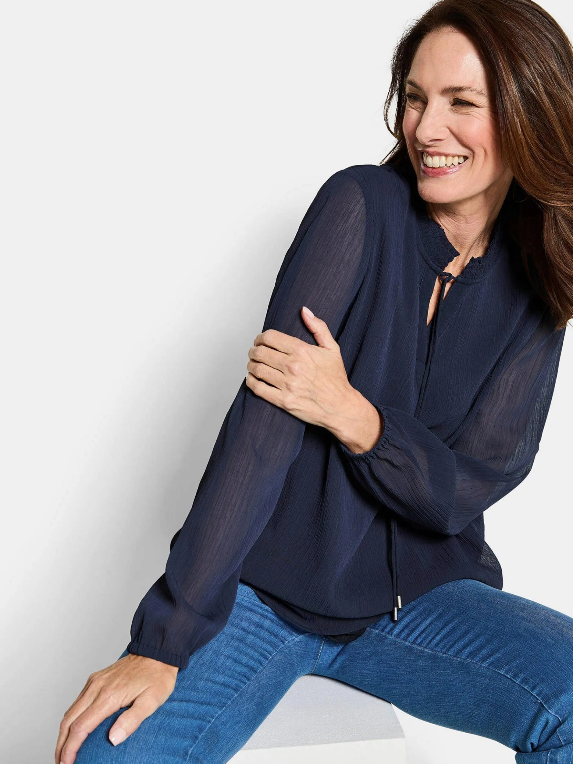 Goldner Damen Chiffon Blusen in marine - Ärmel: langarm