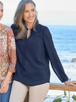 Goldner Damen Chiffon Blusen in marine - Ärmel: langarm
