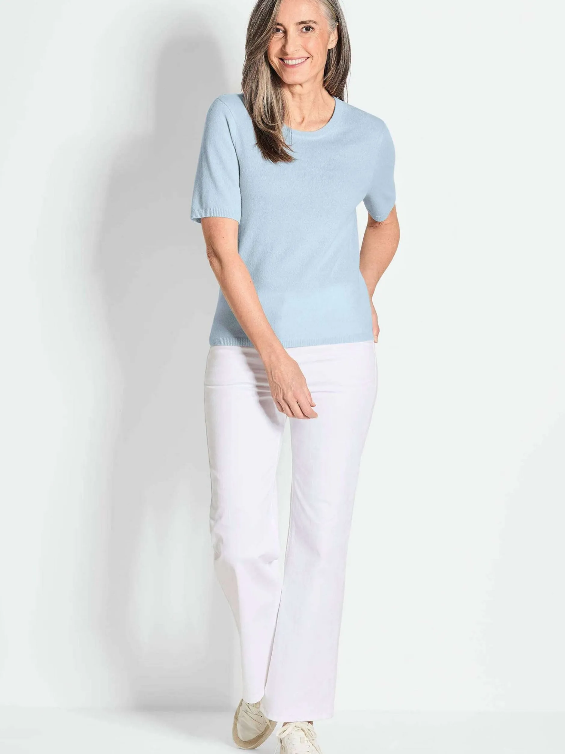 Goldner Damen Kurzarm-Pullover in hellblau
