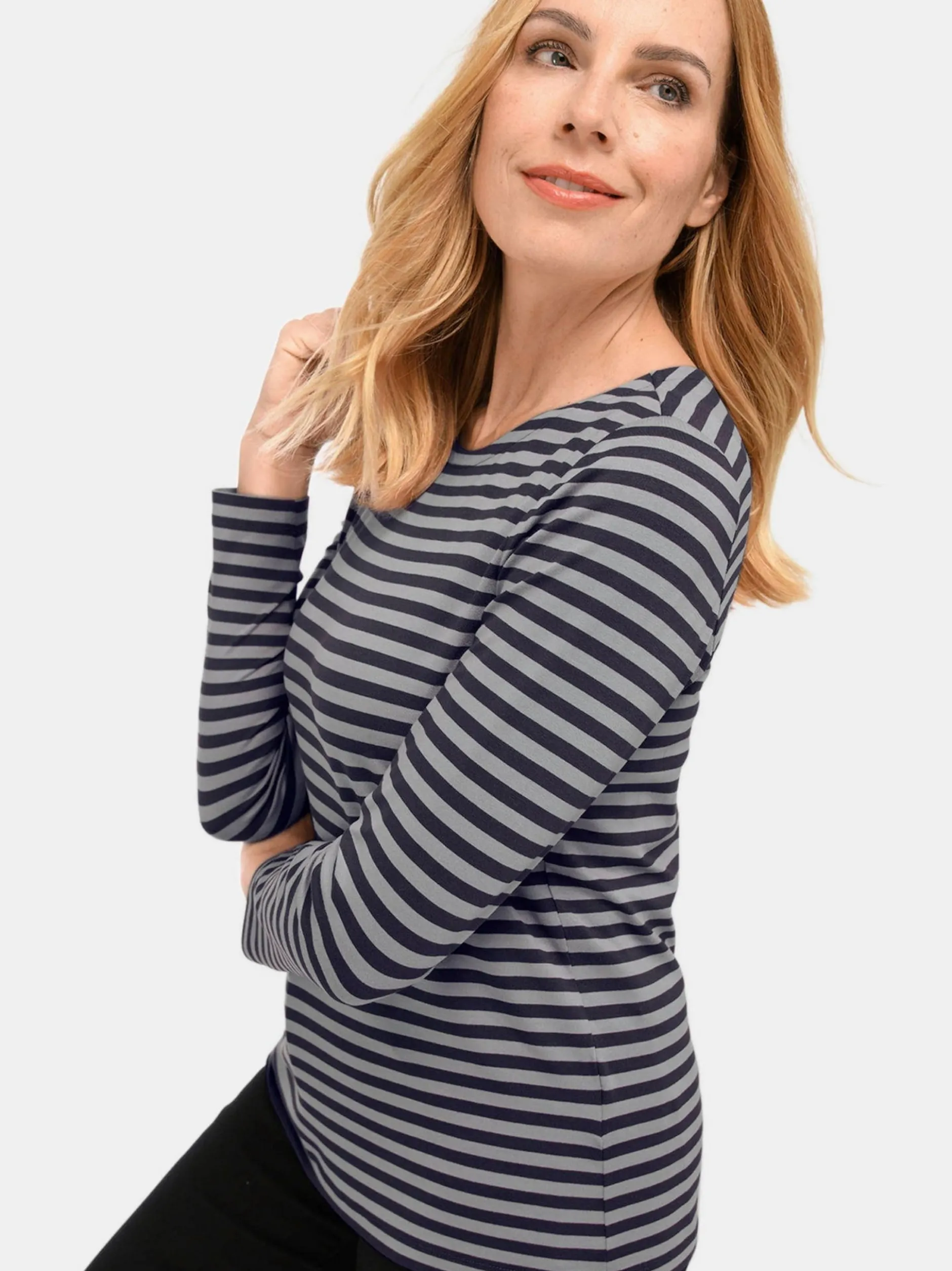 Goldner Damen Langarmshirt - Kurzgröße in marine grau