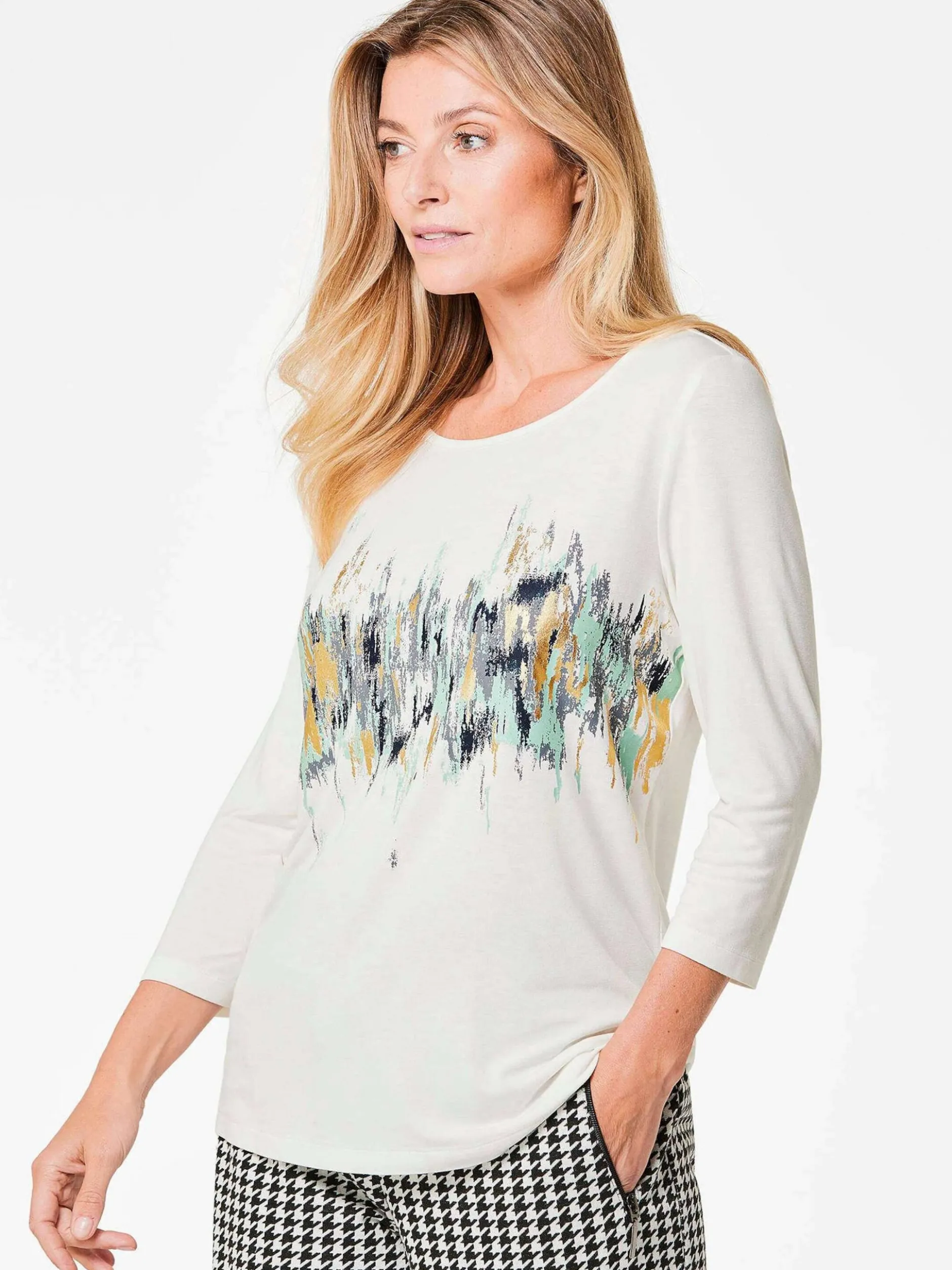 Goldner Damen Print Shirts in weiß - Ausschnitt: U-Boot