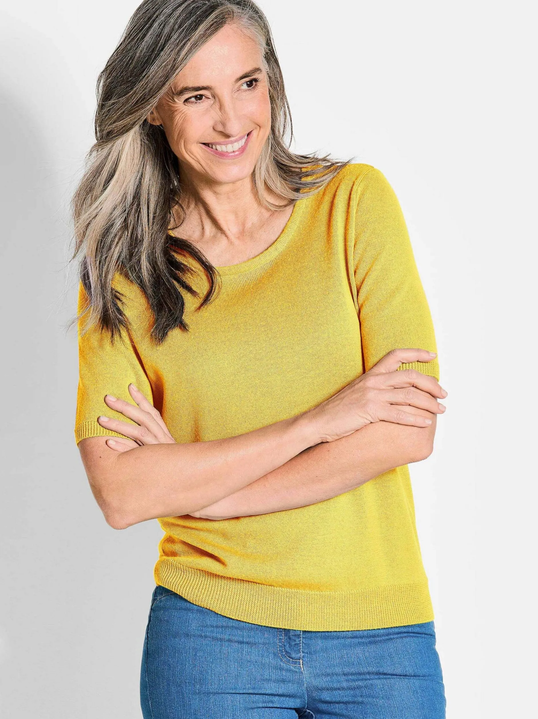 Goldner Damen Strickpullover in gelb - Ärmel: Halbarm