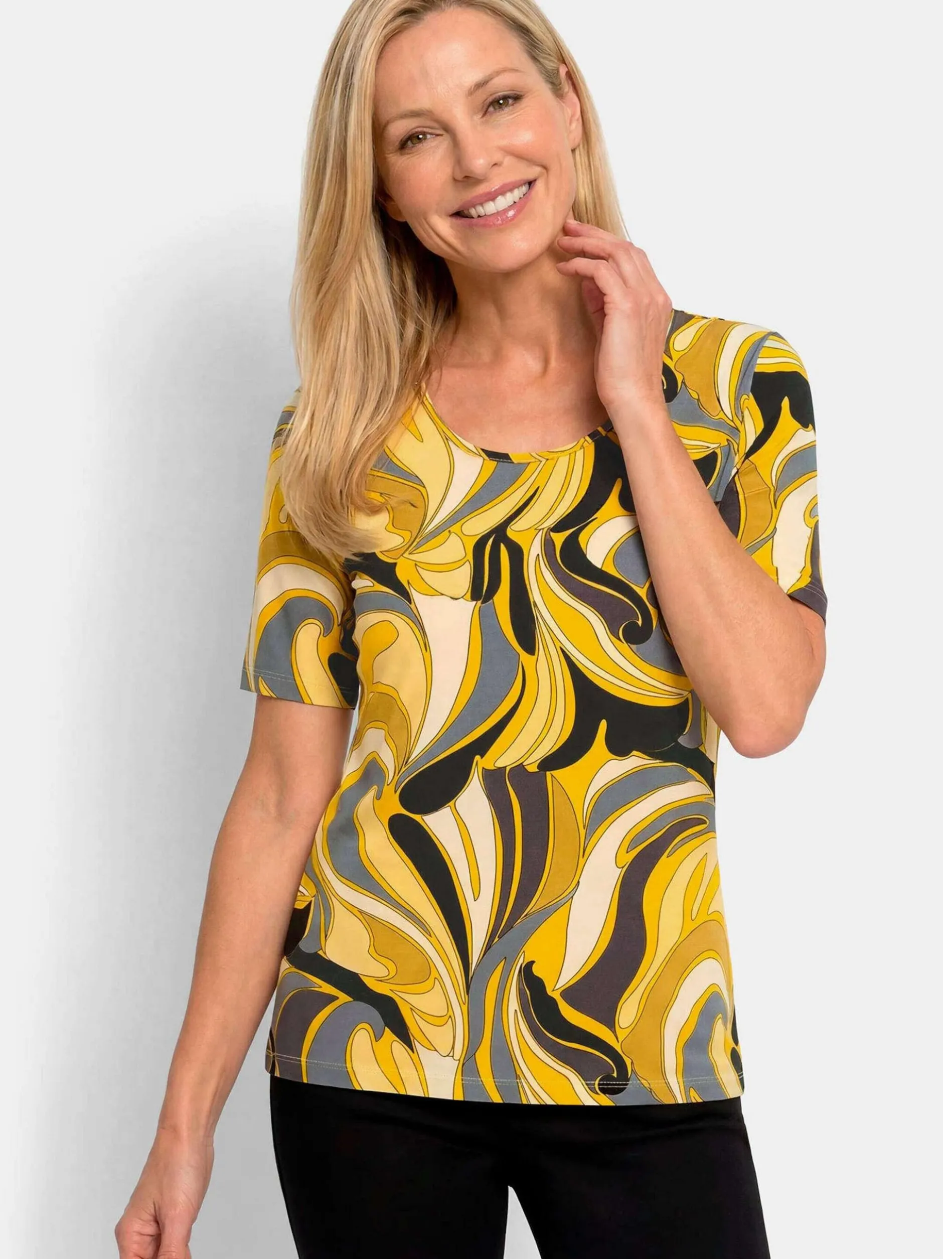 Goldner Damen T-Shirt in gelb - Ausschnitt: Rundhals