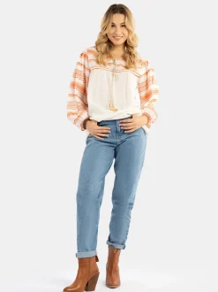 IZIA Damen Bluse in orange ecru - Ausschnitt: Rundhals
