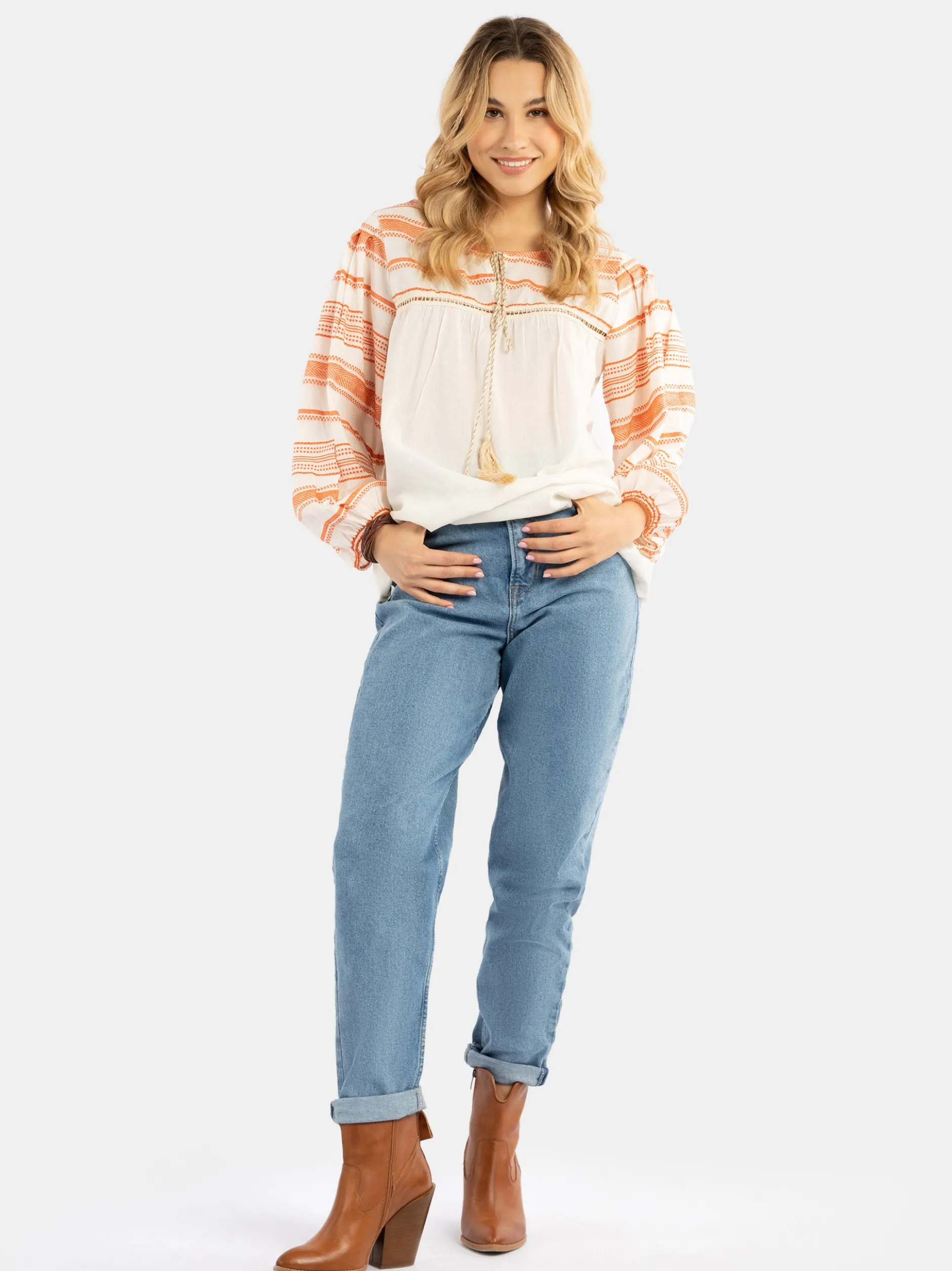 IZIA Damen Bluse in orange ecru - Ausschnitt: Rundhals