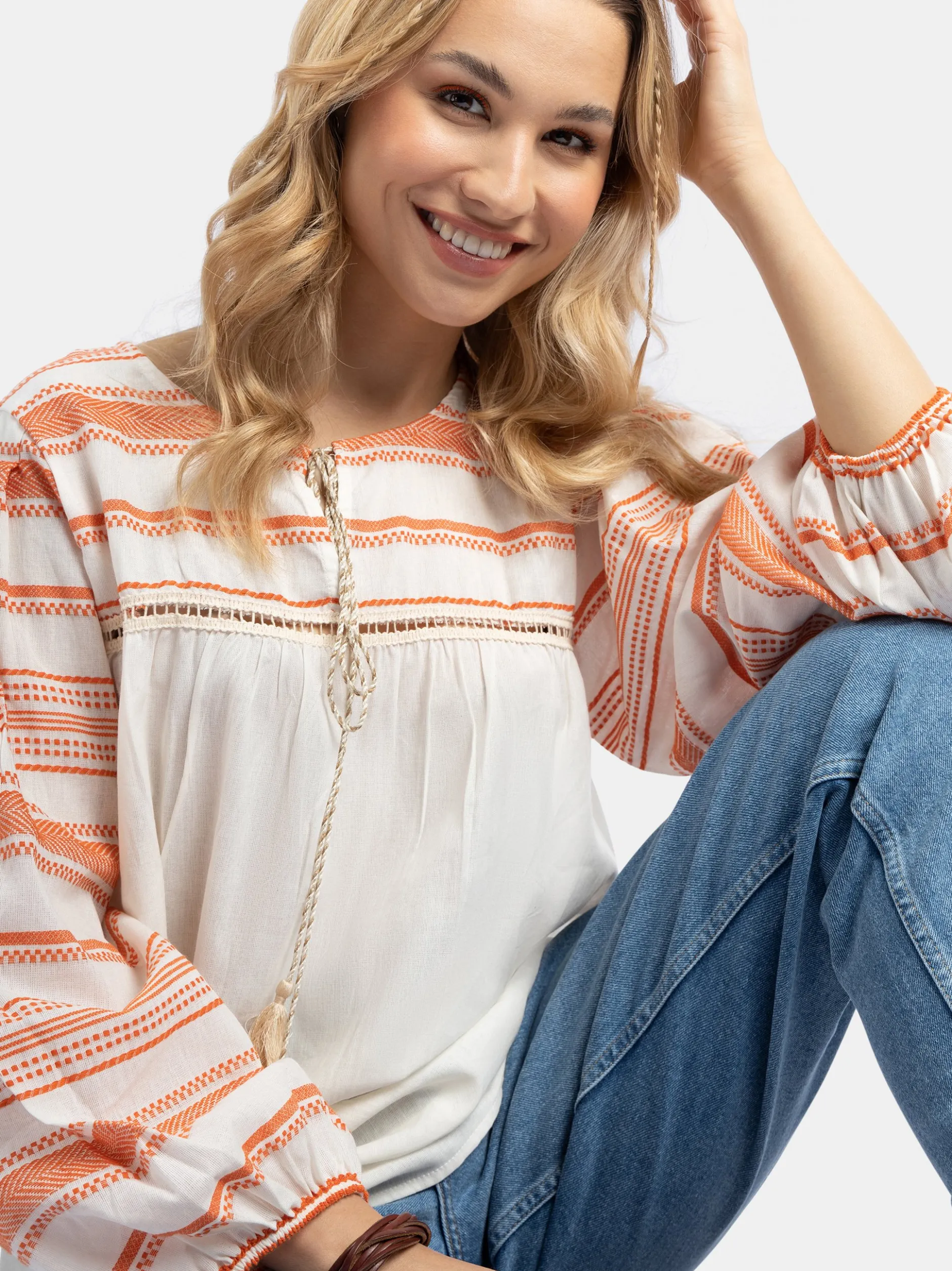 IZIA Damen Bluse in orange ecru - Ausschnitt: Rundhals