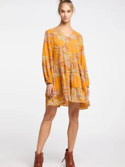 IZIA Damen langarm kleid in orange mehrfarbig