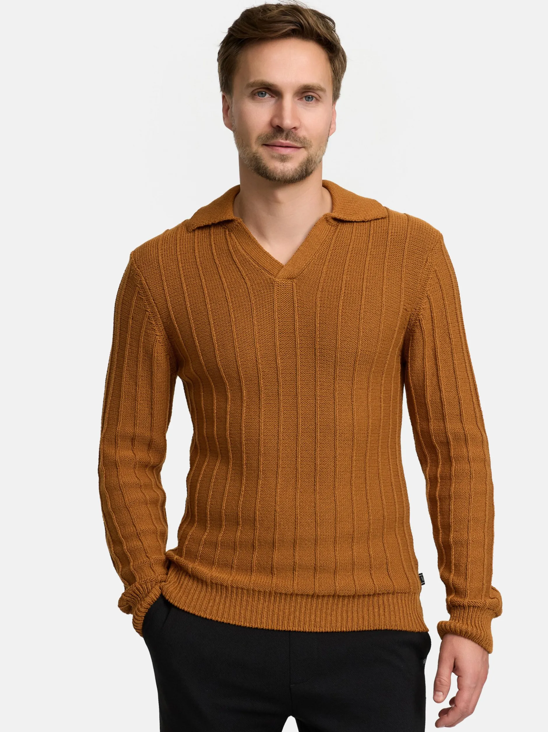 Jeff Herren Strickpullover - JFTruman polo knit in camel braun