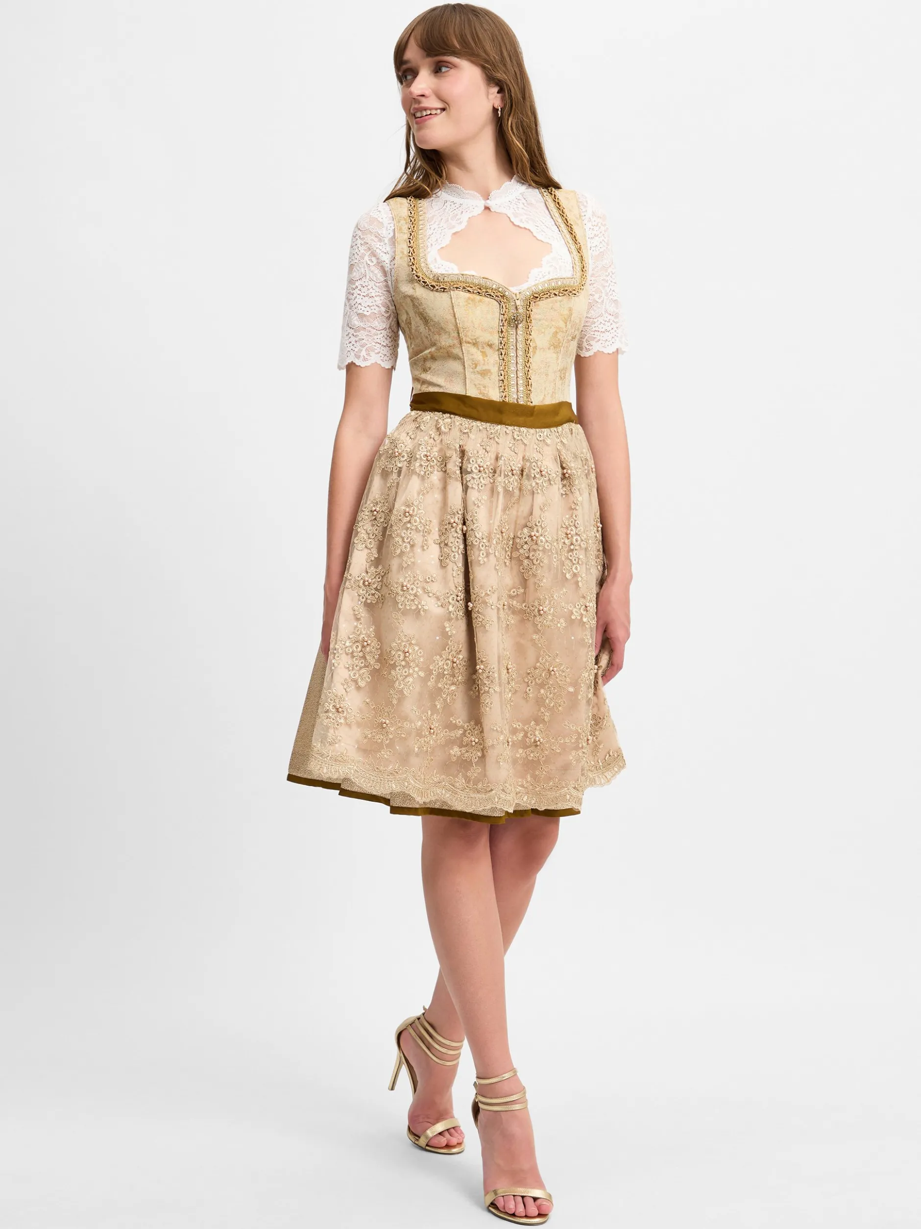 Krüger Dirndl Damen Dirndl in gold - Ausschnitt: Karree