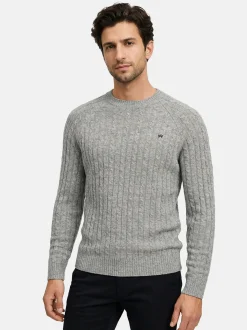 Kronstadt Herren Strickpullover - KSFlynn cabel crew neck knit in hellgrau
