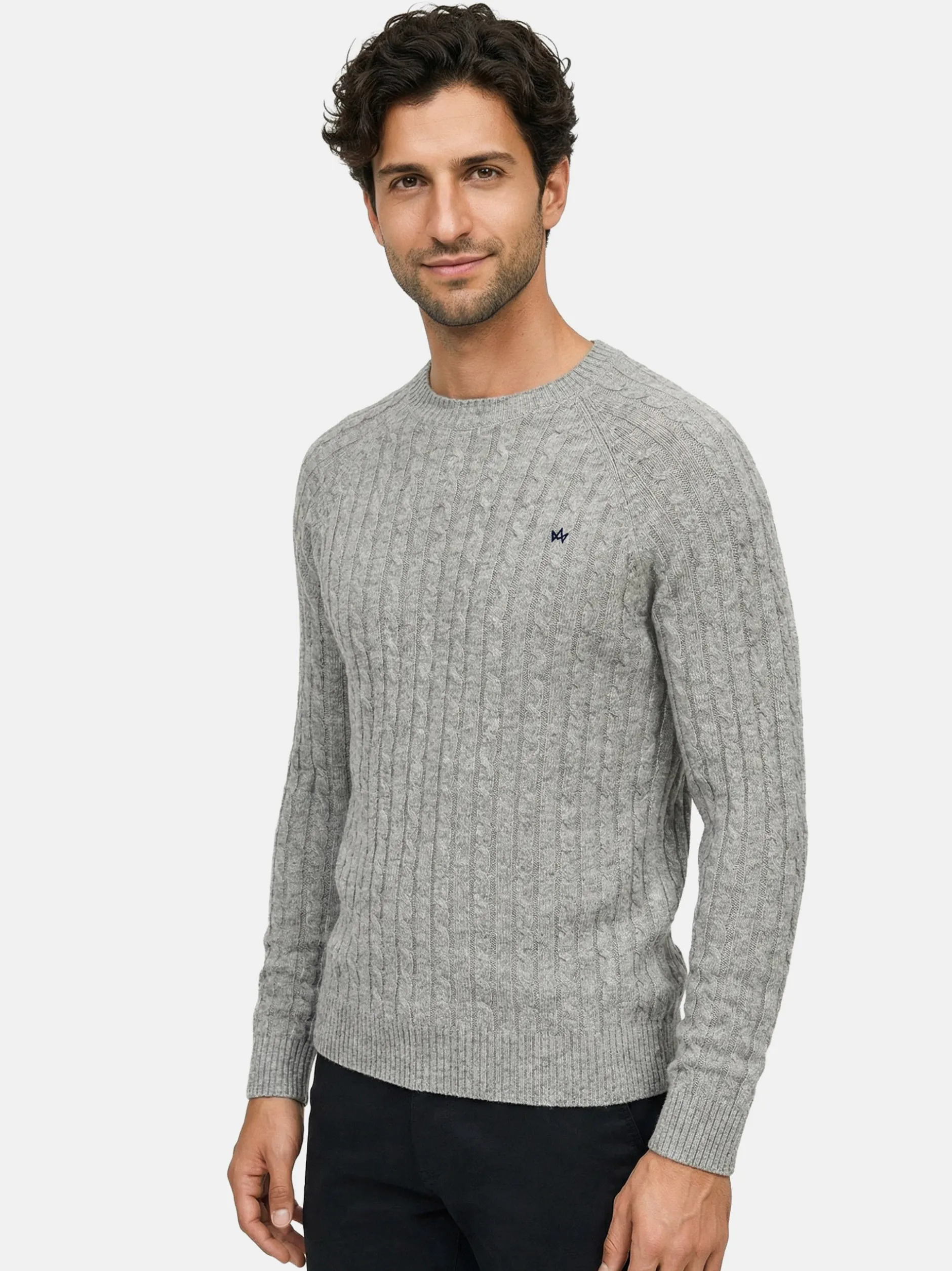 Kronstadt Herren Strickpullover - KSFlynn cabel crew neck knit in hellgrau