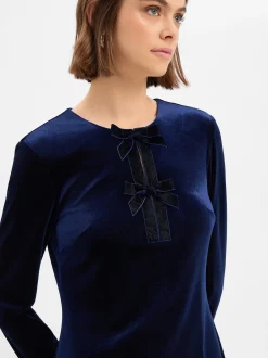 Marie Lund Damen Samtkleid in marine - Ärmel: langarm