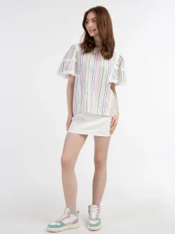 MyMo Damen Bluse mit Metallic-Streifen in weiß
