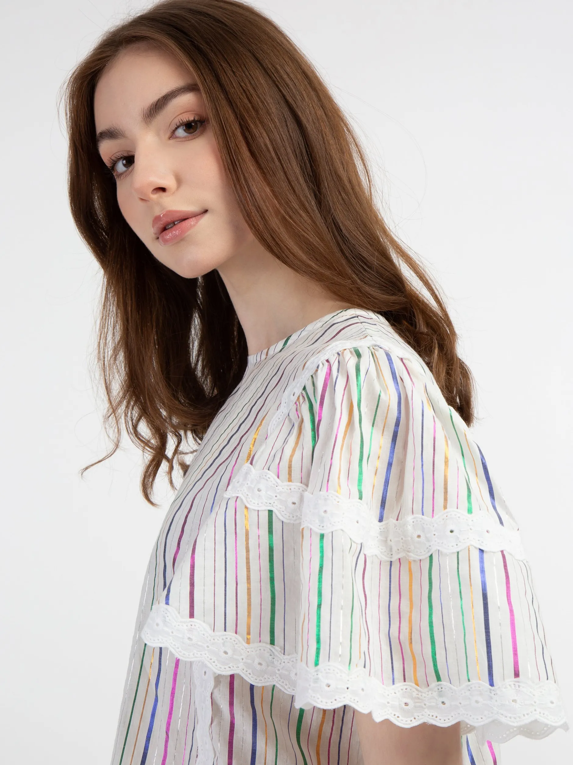 MyMo Damen Bluse mit Metallic-Streifen in weiß