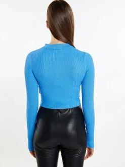 MyMo Damen Cropped Strickjacke in hellblau