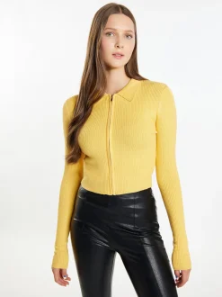 MyMo Damen Cropped Strickjacke in gelb
