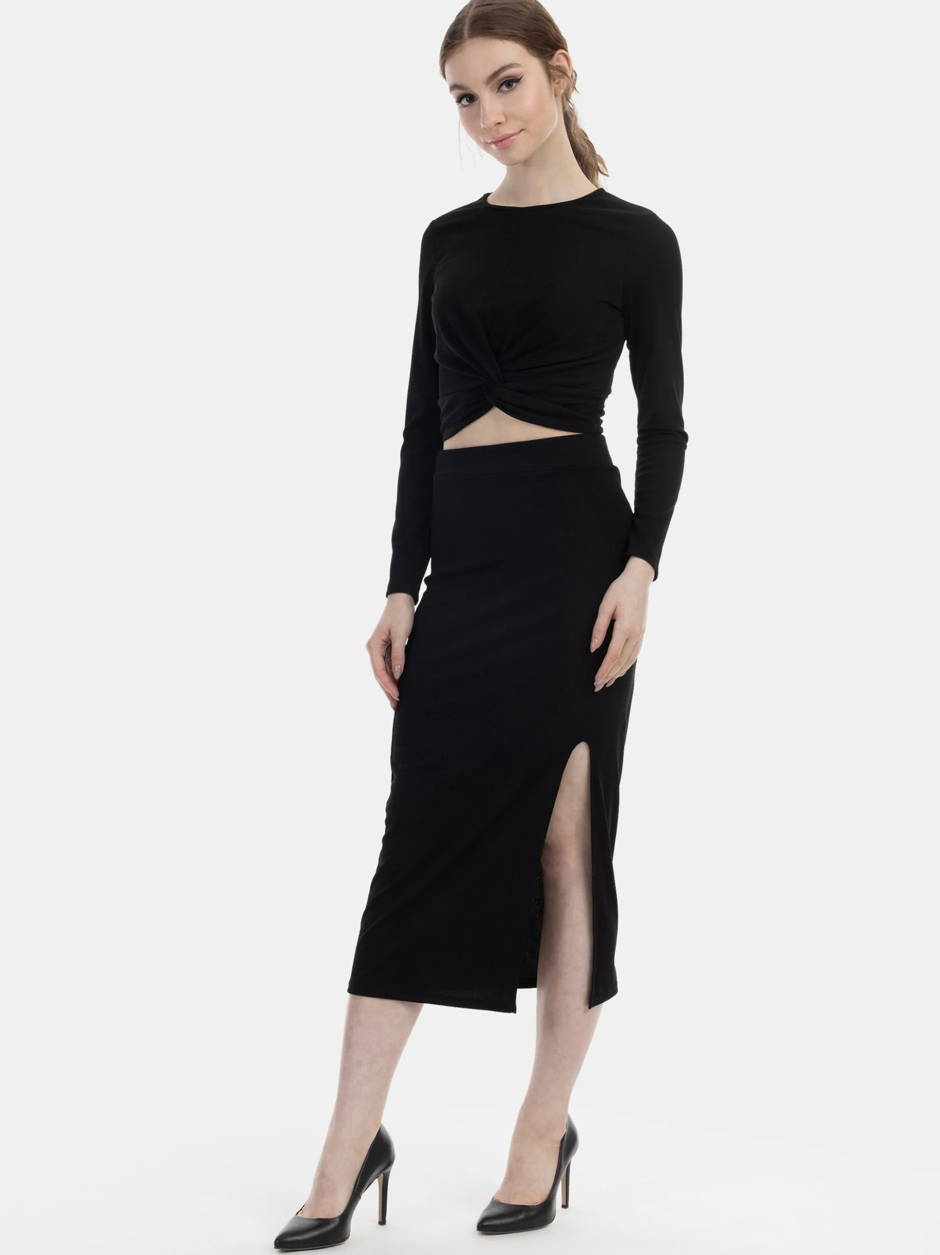 MyMo Damen Jersey-Midirock in schwarz - Länge: mittel