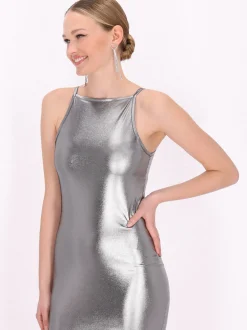 MyMo Damen Kleid in silber - Länge: mittel