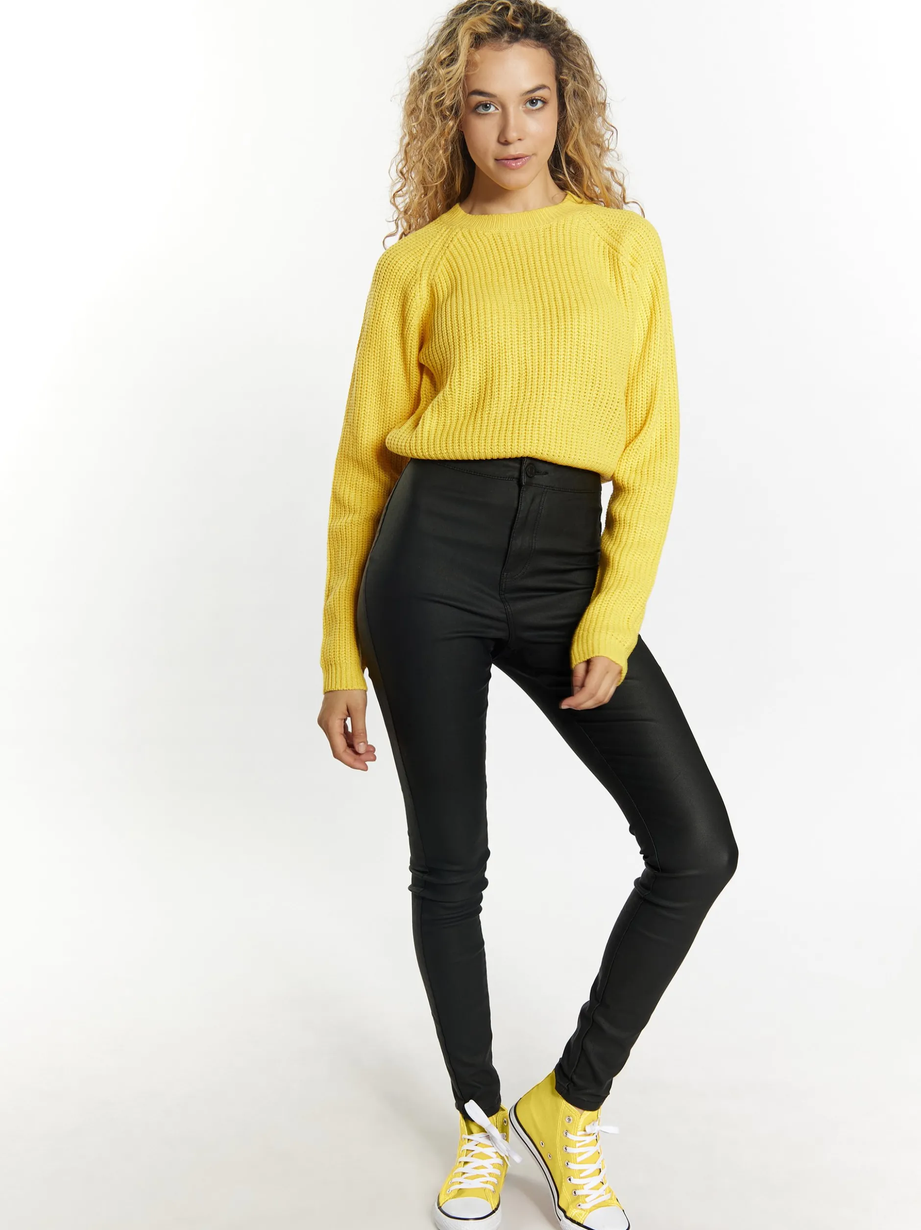 MyMo Damen Kurzer Strickpullover in gelb