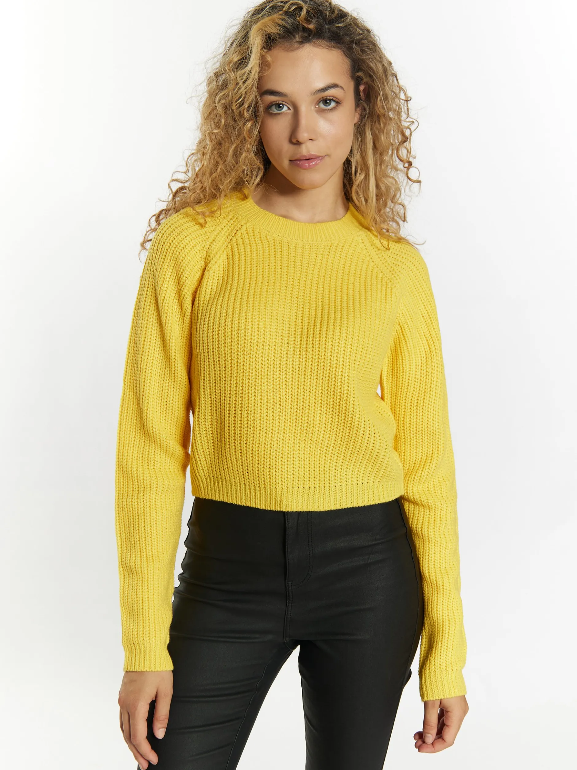 MyMo Damen Kurzer Strickpullover in gelb