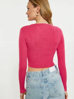 MyMo Damen kurze Strickjacke in pink