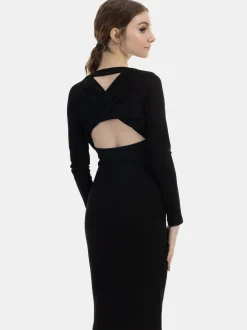 MyMo Damen Langarmkleid midi in schwarz - Länge: mittel