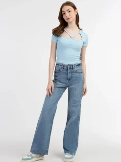 MyMo Damen Rippstrick T-Shirt in hellblau
