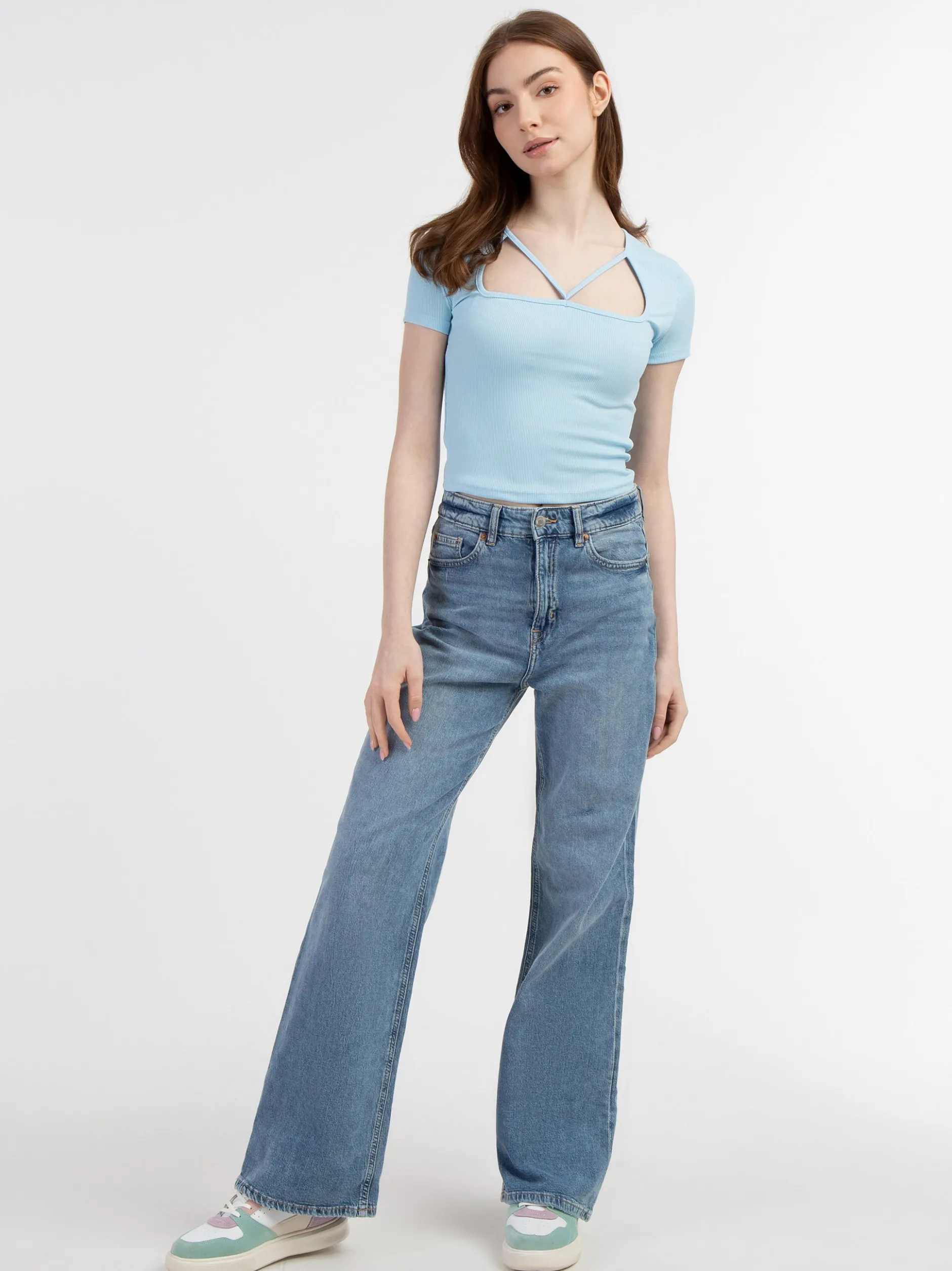 MyMo Damen Rippstrick T-Shirt in hellblau