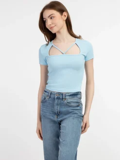 MyMo Damen Rippstrick T-Shirt in hellblau