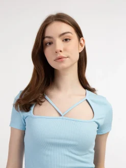 MyMo Damen Rippstrick T-Shirt in hellblau