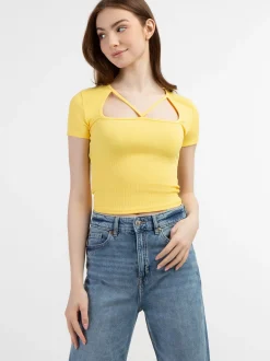 MyMo Damen Rippstrick T-Shirt in gelb