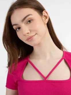 MyMo Damen Rippstrick T-Shirt in pink