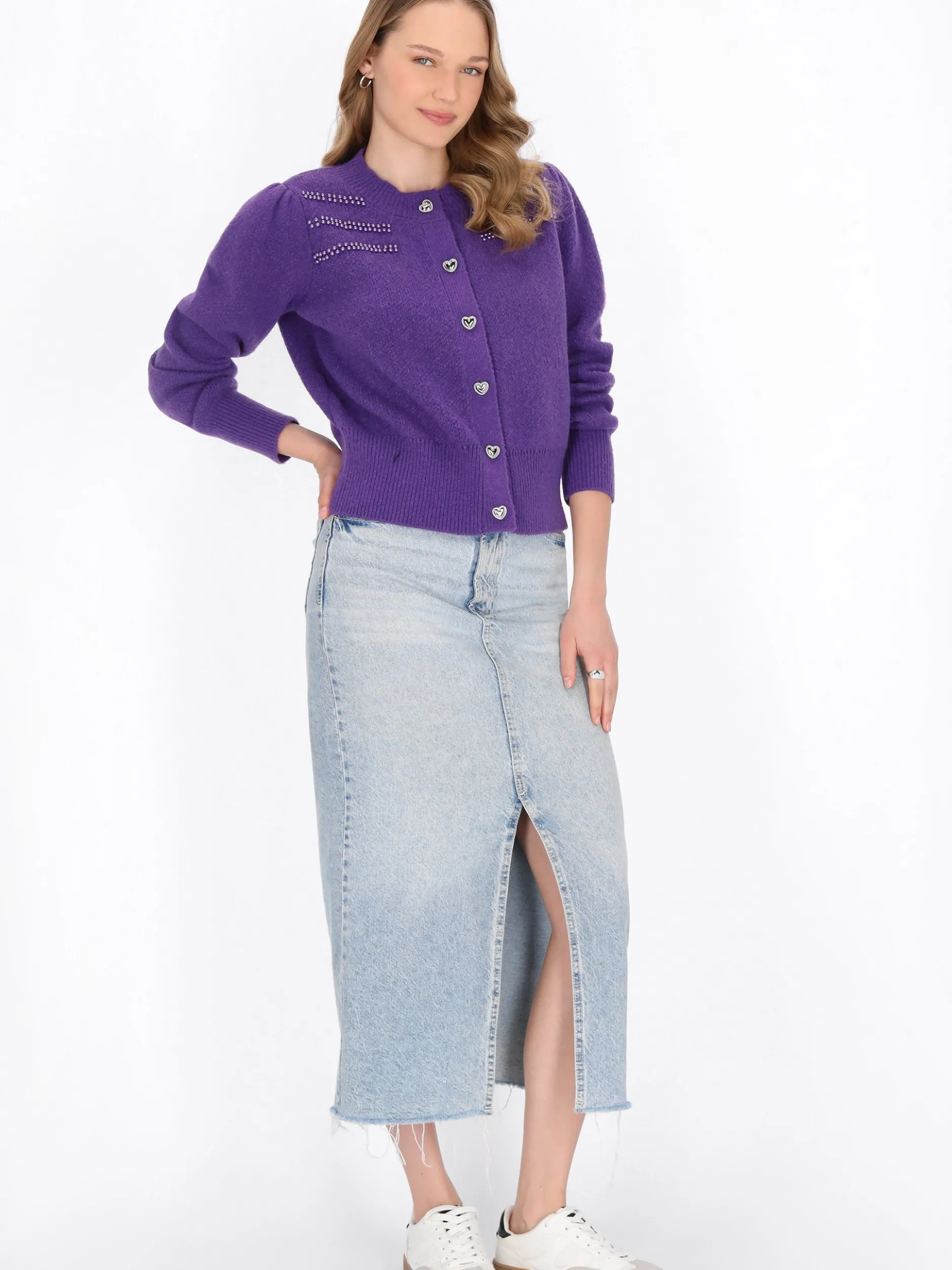 MyMo Damen Strickjacke in lila - Ausschnitt: Rundhals