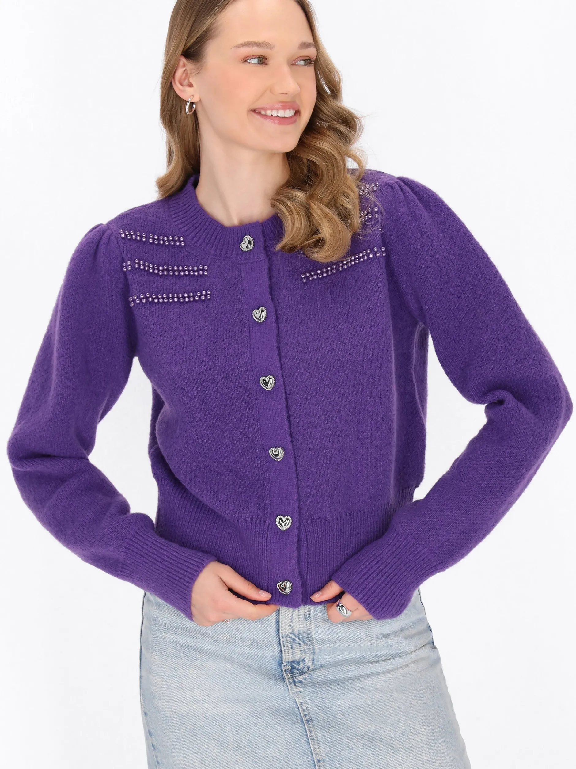 MyMo Damen Strickjacke in lila - Ausschnitt: Rundhals