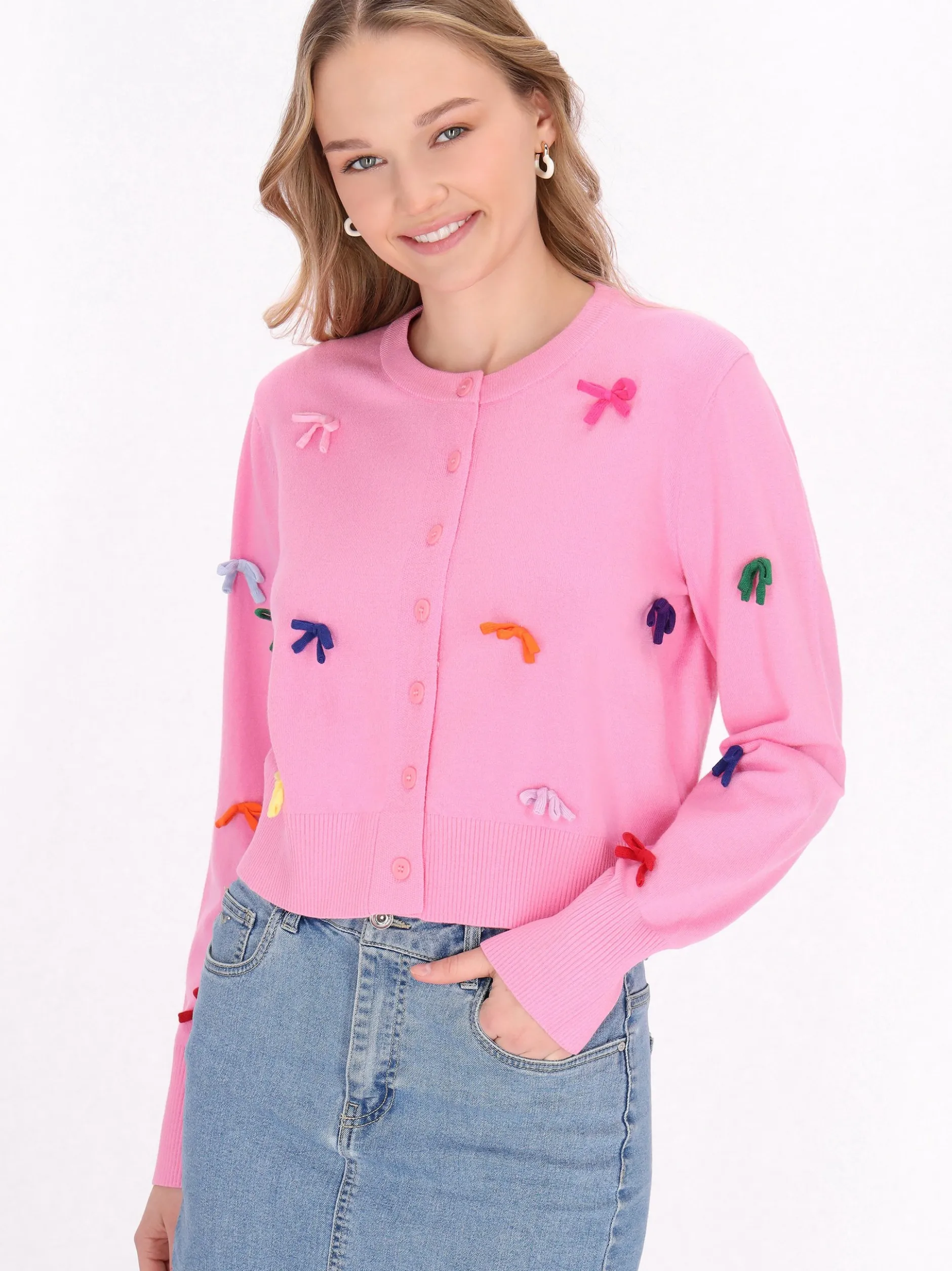 MyMo Damen Strickjacke in pink - Ausschnitt: Rundhals