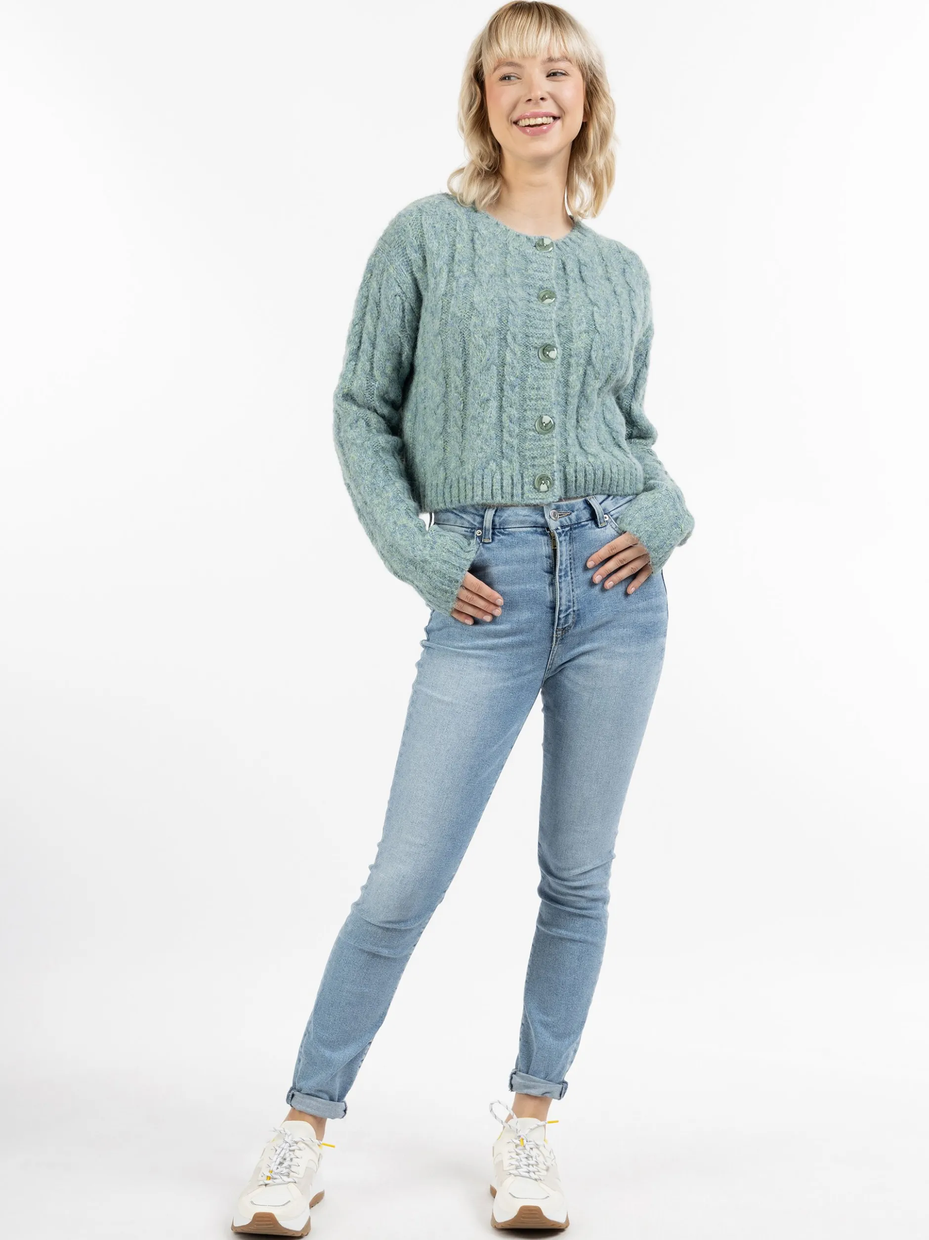 MyMo Damen Strickjacke in türkis - Ausschnitt: Rundhals