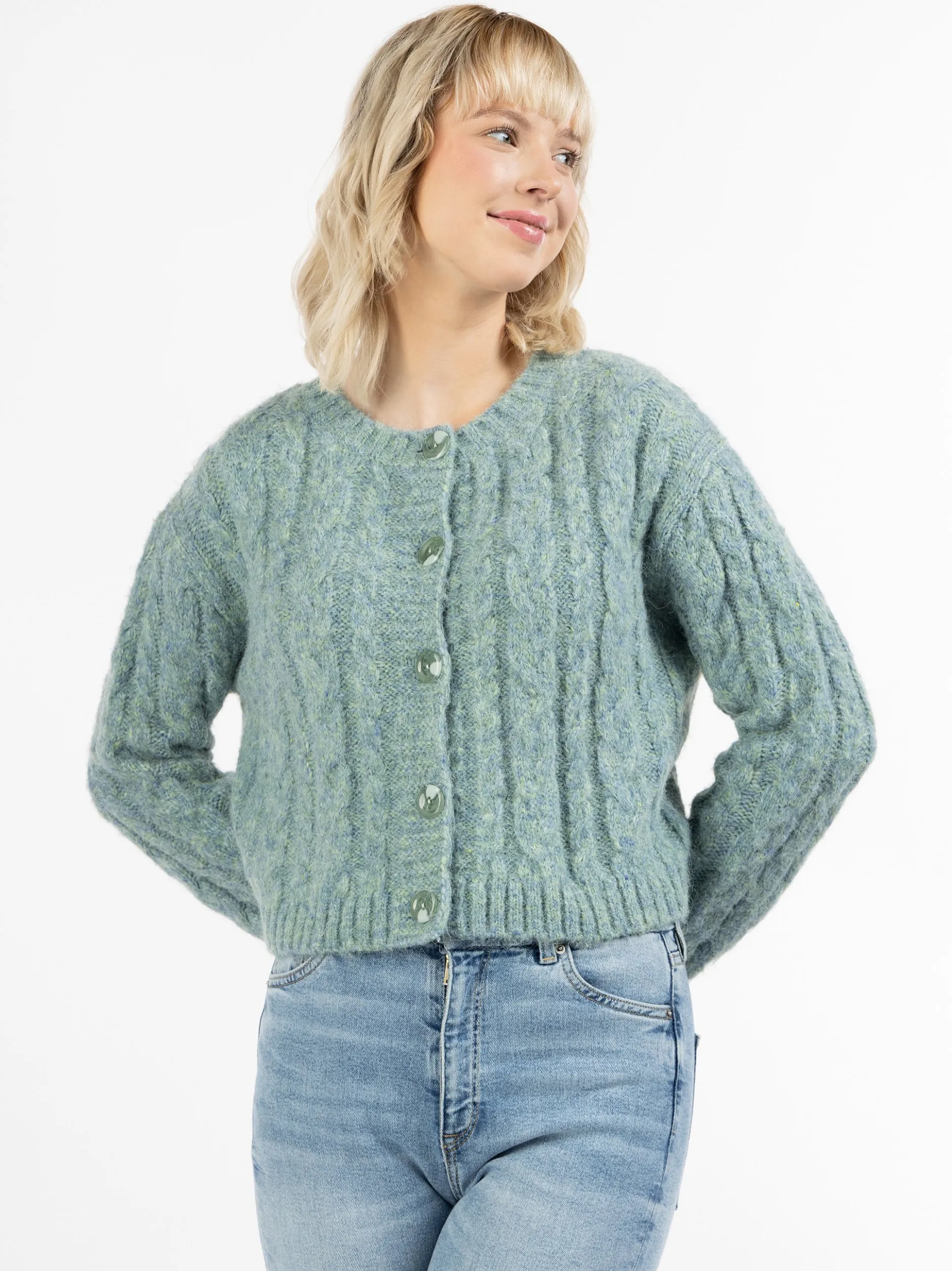 MyMo Damen Strickjacke in türkis - Ausschnitt: Rundhals