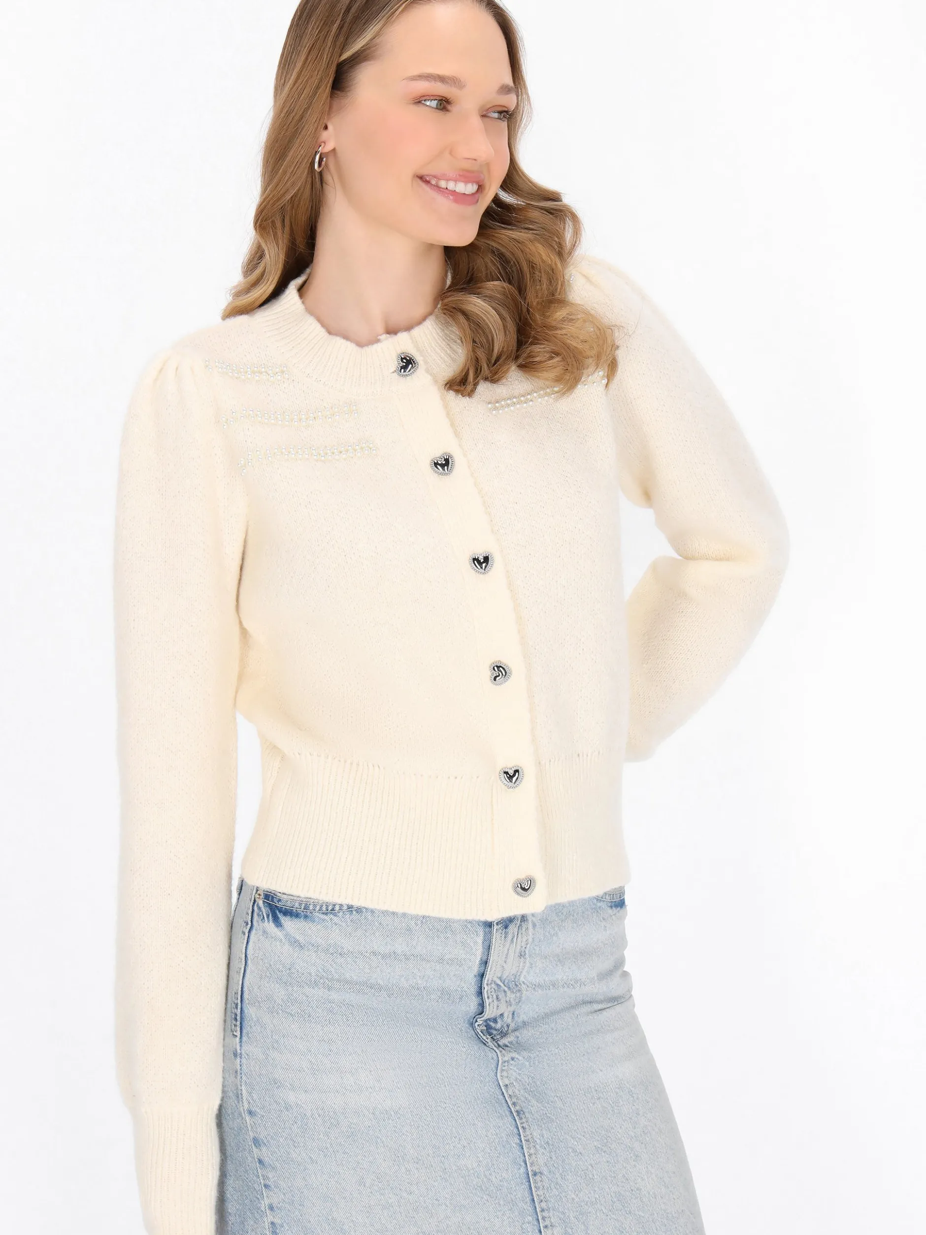 MyMo Damen Strickjacke in weiß - Ausschnitt: Rundhals