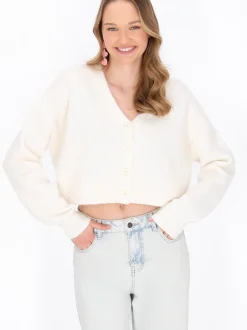 MyMo Damen Strickjacke in weiß - Ausschnitt: Rundhals