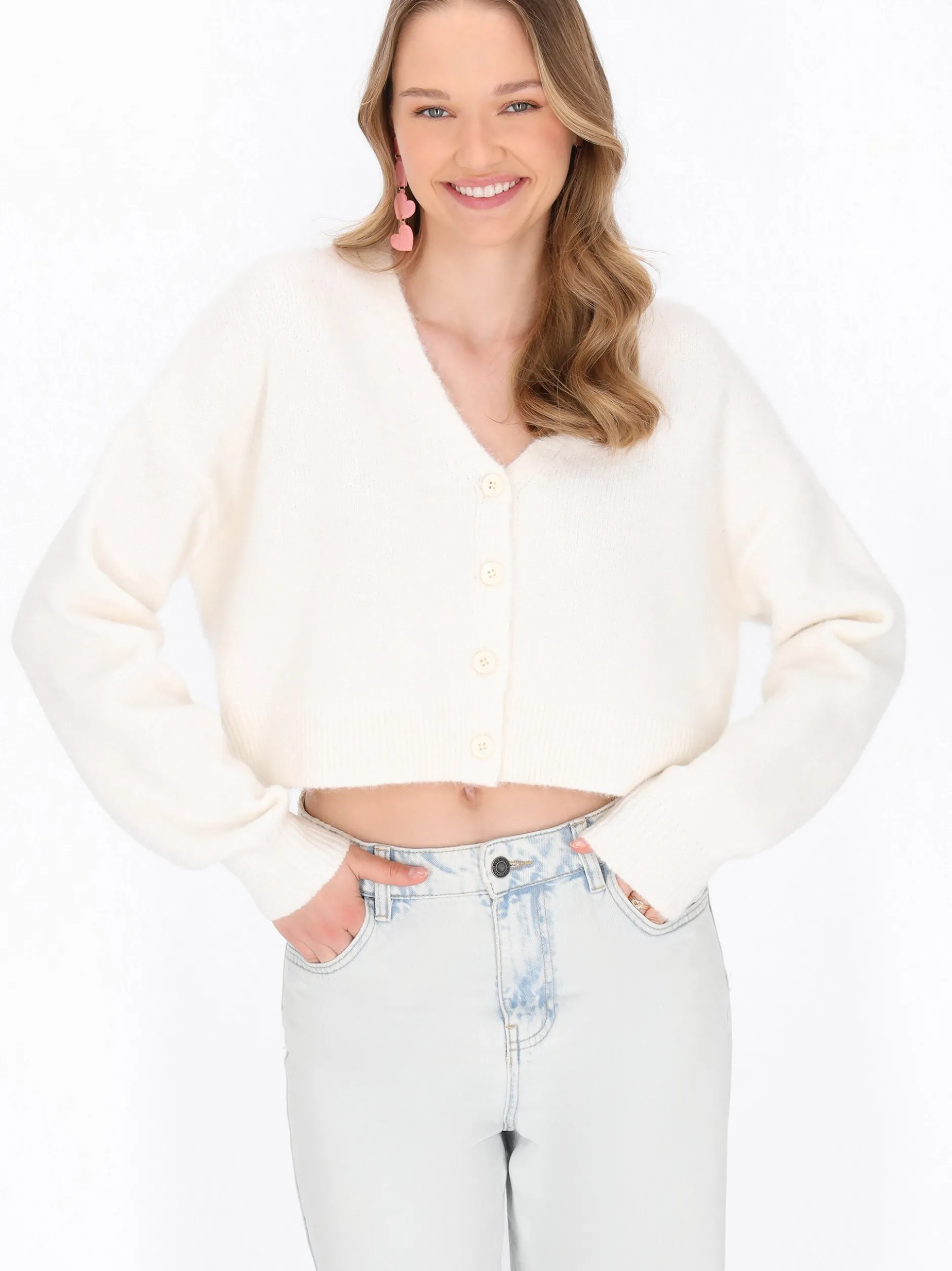 MyMo Damen Strickjacke in weiß - Ausschnitt: Rundhals