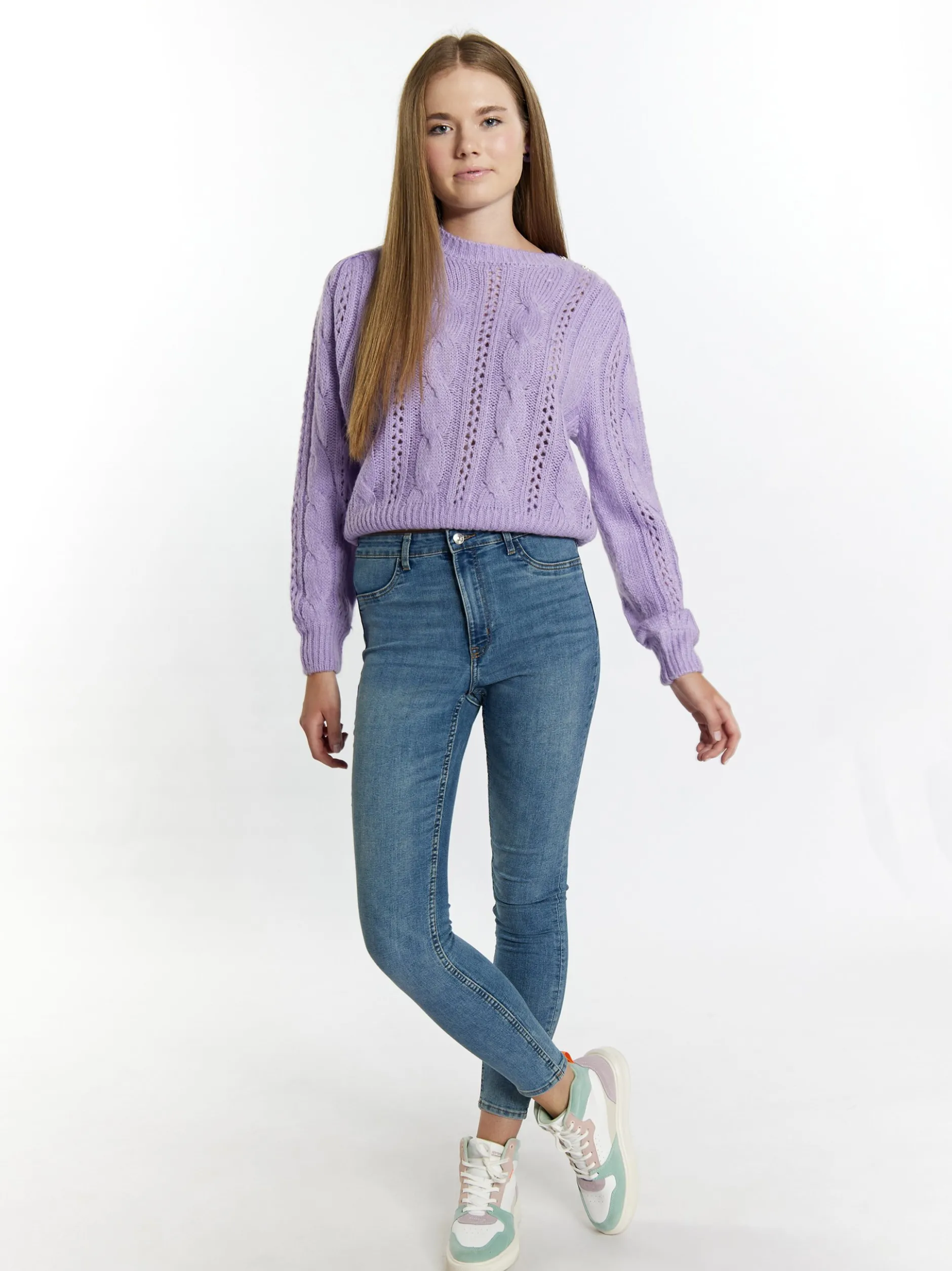 MyMo Damen Strickpullover in lila - Ausschnitt: Rundhals