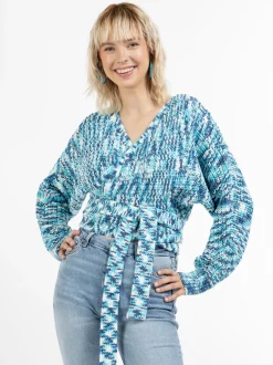MyMo Damen Wickeljacke aus Strick in mehrfarbig
