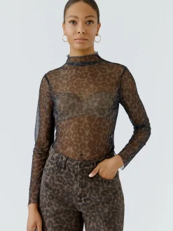 Oui Damen Langarmshirt in braun - Ausschnitt: Rollkragen