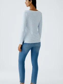 Oui Damen Langarmshirt in weiß blau - Ärmel: langarm