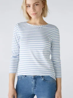 Oui Damen Langarmshirt in weiß blau - Ärmel: langarm