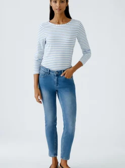 Oui Damen Langarmshirt in weiß blau - Ärmel: langarm