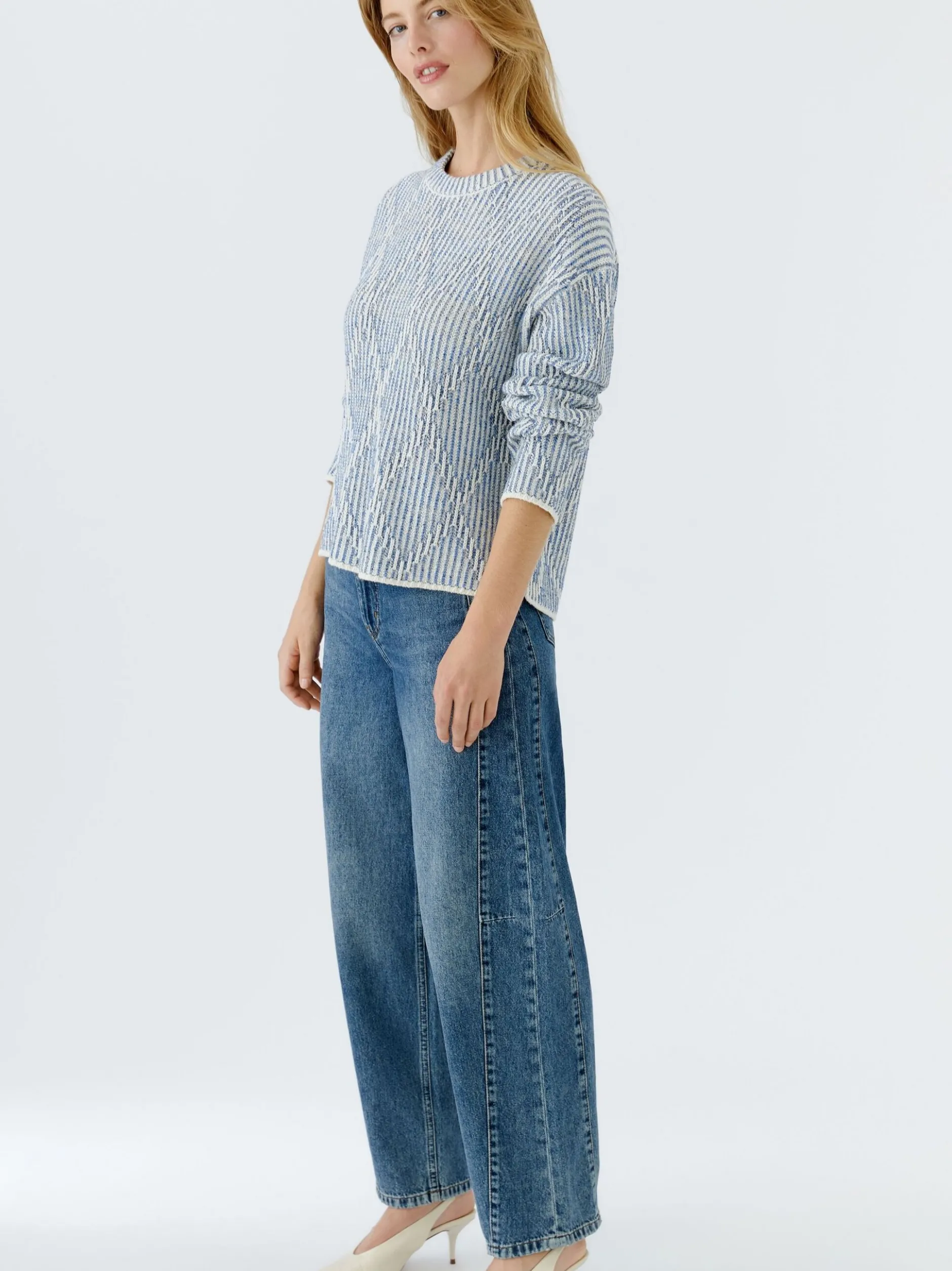 Oui Damen Pullover in hellblau weiß - Ärmel: langarm