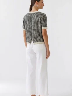 Oui Damen Pullover in weiß blau - Ausschnitt: Rundhals