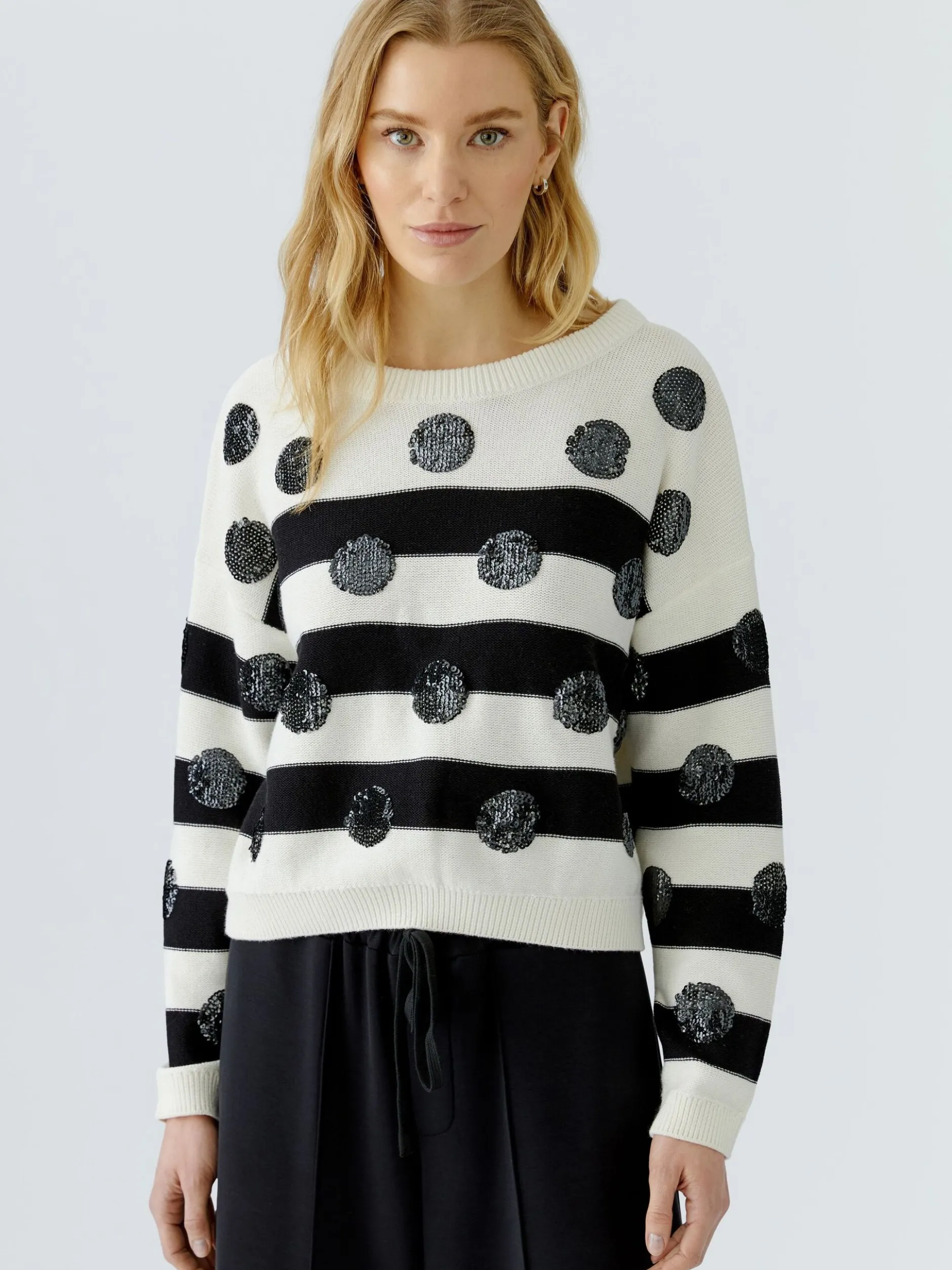 Oui Damen Pullover in weiß schwarz - Ärmel: langarm